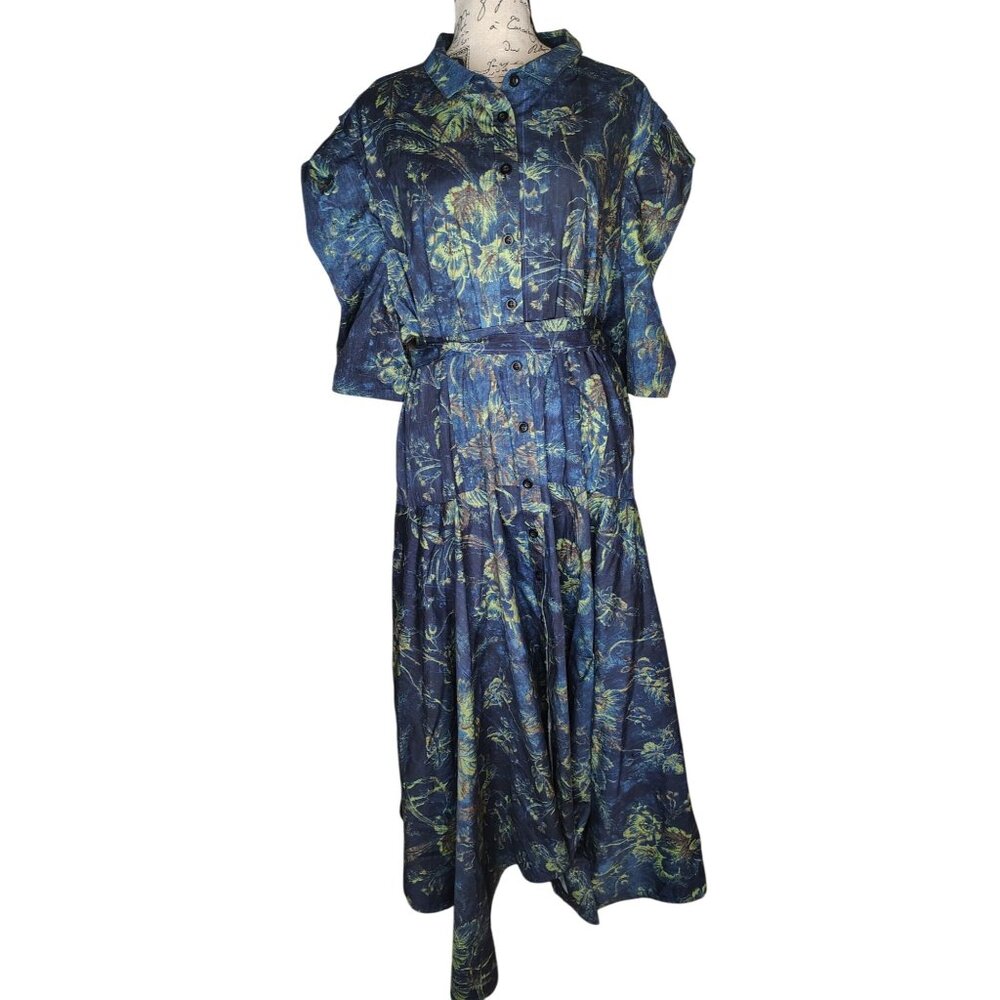 Garygraham422 3X Cotton Dress, Blue, Green Leaves, Pleated Button Antique Floral